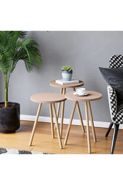 interGO Renkli Üçlü Zigon Sehpa Ahşap Ayaklı Yuvarlak Pastel Tasarım Cappuccino ürün görseli