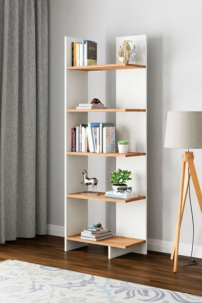 interGO Asimetrik Beş Raflı Kitaplık - Beyaz - Atlantik Çam