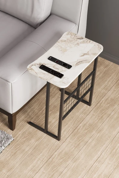 interGO Metal Ayaklı Laptop Sehpası Koltuk Sehpası Kahvaltı Masası Çalışma Sehpası - Beyaz Mermer Desenli - 8