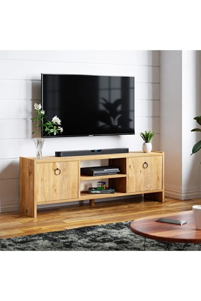 interGO Tv Sehpası Kapaklı Raflı Tv Ünitesi Televizyon Sehpası - Atlantik Çam ürün görseli