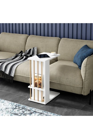 interGO Tekerlekli Yan Sehpa Koltuk Sehpası C Sehpa Zigon Sehpa Servis Sehpası - Beyaz - 2