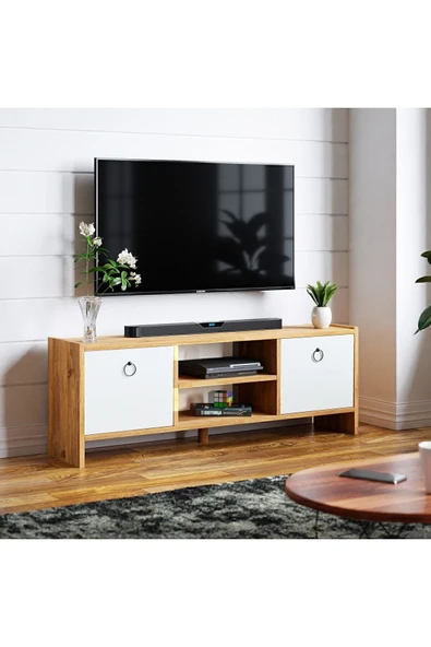 interGO Tv Sehpası Kapaklı Raflı Tv Ünitesi Televizyon Sehpası - Atlantik Çam - Beyaz