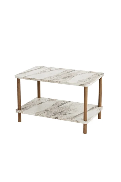 interGO Orta Sehpa Dikdörtgen Ahşap Ayaklı Iki Katlı Gazetelikli - Krem Mermer Desenli - Resim 2