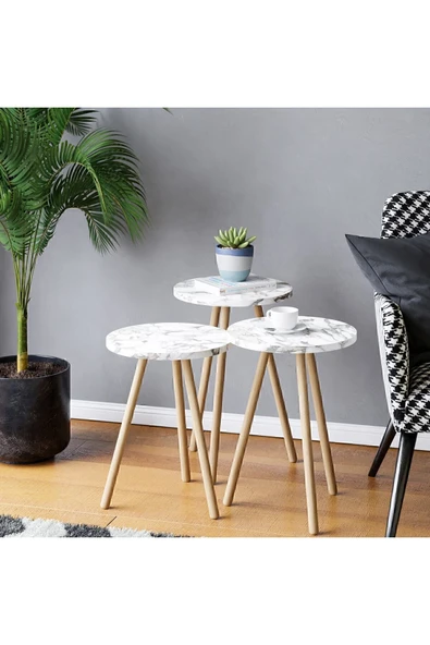 interGO Üçlü Zigon Sehpa Ahşap Ayaklı Yuvarlak Mermer Desenli Tasarım Efes