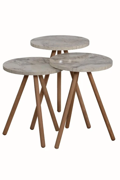 interGO Üçlü Zigon Sehpa Ahşap Ayaklı Yuvarlak Mermer Desenli Tasarım Efes - 2