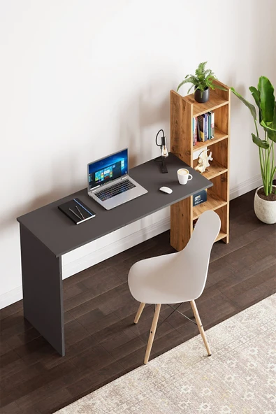 interGO Kitaplıklı Fonksiyonel Çalışma Masası - Antrasit Gri - Atlantik Çam - 2