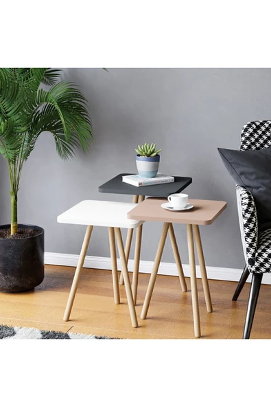 interGO Renkli Üçlü Zigon Sehpa Ahşap Ayaklı Kare Pastel Tasarım Gri Beyaz Cappuccino ürün görseli