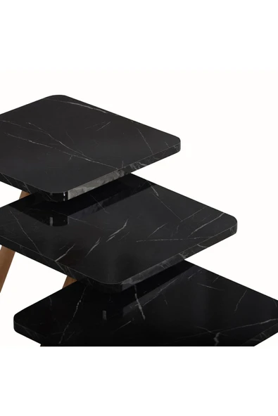 interGO Üçlü Zigon Sehpa Ahşap Ayaklı Kare Tasarım Siyah Mermer Desenli - 4