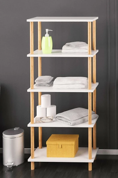 interGO Dekoratif 5 Raflı Ahşap Ayaklı Kitaplık - Beyaz - 3