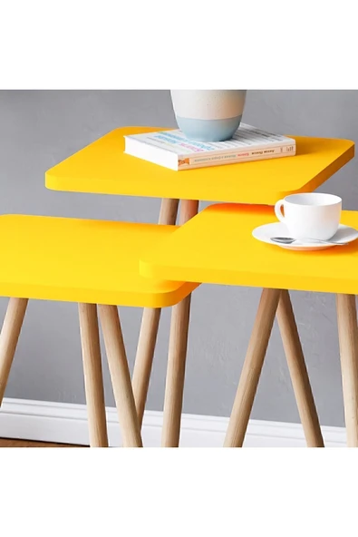 interGO Üçlü Zigon Sehpa Ahşap Ayaklı Kare Tasarım - Sarı - 2