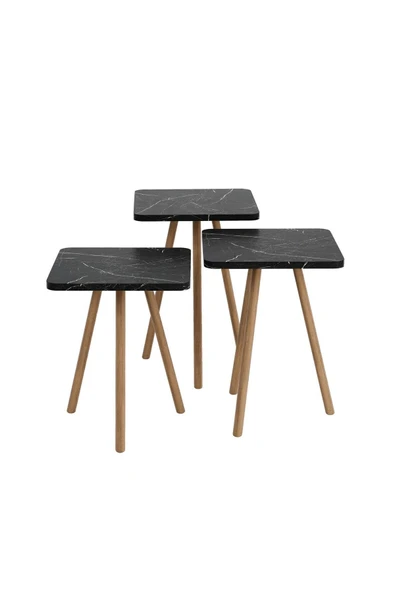 interGO Üçlü Zigon Sehpa Ahşap Ayaklı Kare Tasarım Siyah Mermer Desenli - 2