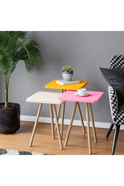 interGO Renkli Üçlü Zigon Sehpa Ahşap Ayaklı Kare Pastel Tasarım Sarı Krem Pembe