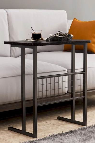 interGO Metal Ayaklı Laptop Sehpası Koltuk Sehpası Kahvaltı Masası Çalışma Sehpası - Siyah Mermer Desenli - 6