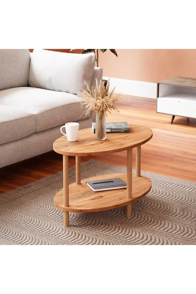 interGO Oval Ahşap Ayaklı Iki Katlı Gazetelikli - Atlantik Çam Orta Sehpa ürün görseli