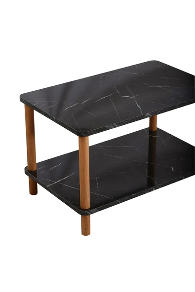 interGO Orta Sehpa Dikdörtgen Ahşap Ayaklı Iki Katlı Gazetelikli - Siyah Mermer Desenli - Resim 3