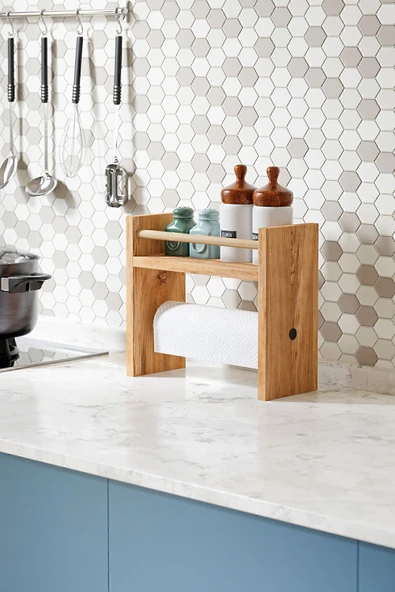 interGO Rulo Havlu Takılabilir Baharatlık Standı Tezgah Üstü Düzenleyici Ahşap Raf - Atlantik Çam