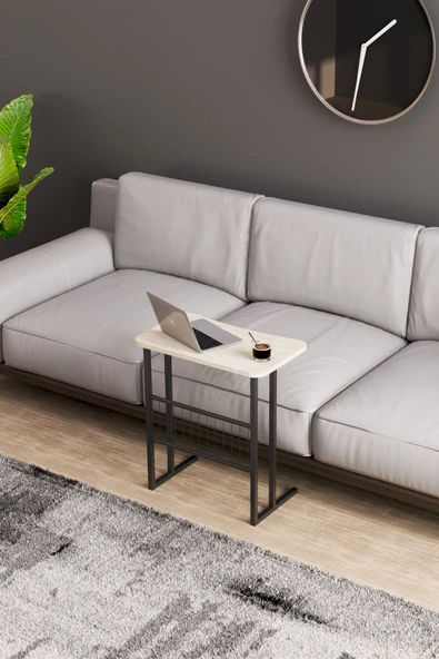 interGO Metal Ayaklı Laptop Sehpası Koltuk Sehpası Kahvaltı Masası Çalışma Sehpası - Traverten Desenli - Resim 5