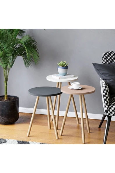 interGO Renkli Üçlü Zigon Sehpa Ahşap Ayaklı Yuvarlak Pastel Tasarım Gri Beyaz Cappuccino
