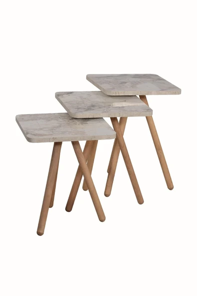 interGO Üçlü Zigon Sehpa Ahşap Ayaklı Kare Tasarım Krem Mermer Desenli - Resim 3