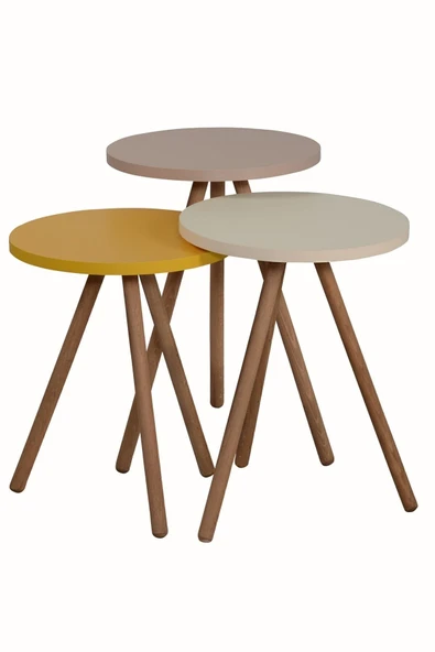 interGO Renkli Üçlü Zigon Sehpa Ahşap Ayaklı Yuvarlak Pastel Tasarım Sarı Krem Cappuccino - Resim 3