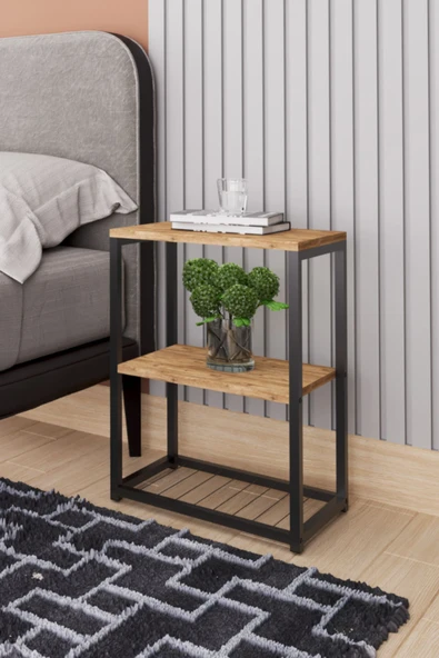 interGO Metal Ayaklı ve Ahşap Raflı Dekoratif Komodin