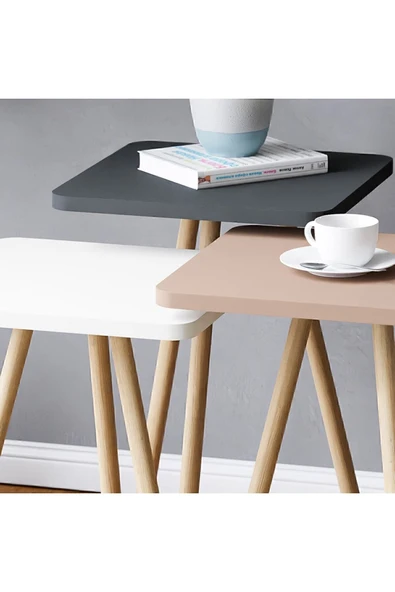 interGO Renkli Üçlü Zigon Sehpa Ahşap Ayaklı Kare Pastel Tasarım Gri Beyaz Cappuccino - Resim 2