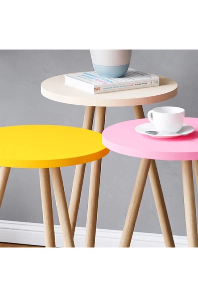 interGO Renkli Üçlü Zigon Sehpa Ahşap Ayaklı Yuvarlak Pastel Tasarım Sarı Krem Pembe - 2