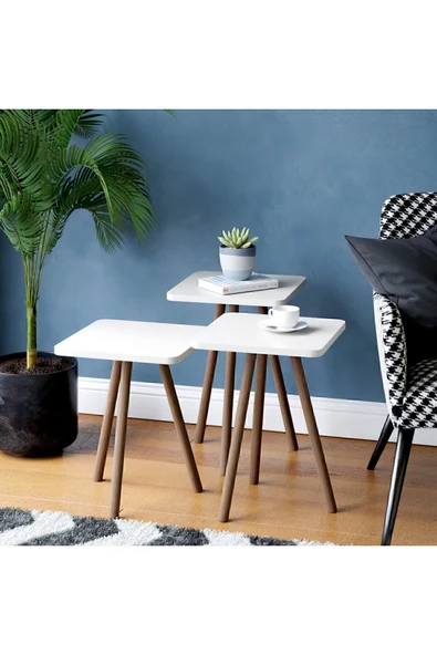 interGO Üçlü Zigon Sehpa Ahşap Ayaklı Kare Tasarım Beyaz