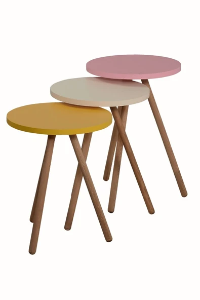 interGO Renkli Üçlü Zigon Sehpa Ahşap Ayaklı Yuvarlak Pastel Tasarım Sarı Krem Pembe - 4