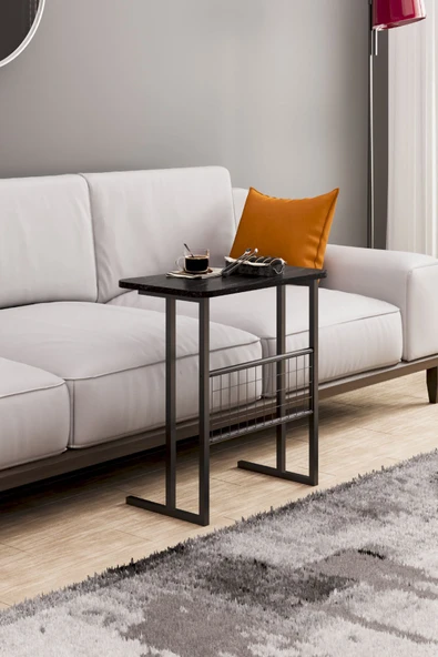 interGO Metal Ayaklı Laptop Sehpası Koltuk Sehpası Kahvaltı Masası Çalışma Sehpası - Siyah Mermer Desenli - 4