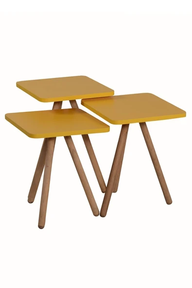 interGO Üçlü Zigon Sehpa Ahşap Ayaklı Kare Tasarım - Sarı - 3