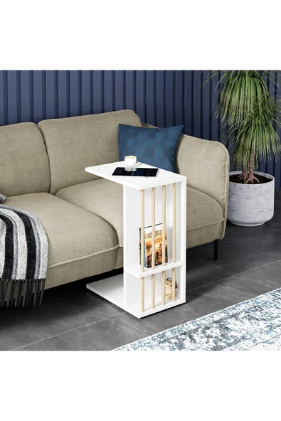 interGO Tekerlekli Yan Sehpa Koltuk Sehpası C Sehpa Zigon Sehpa Servis Sehpası - Beyaz