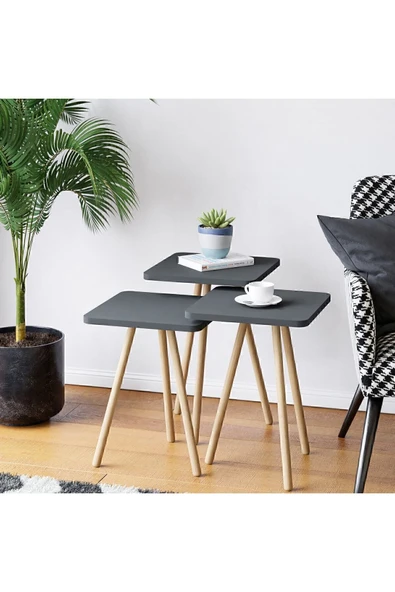 interGO Üçlü Ahşap Ayaklı Kare Tasarım Gri Zigon Sehpa