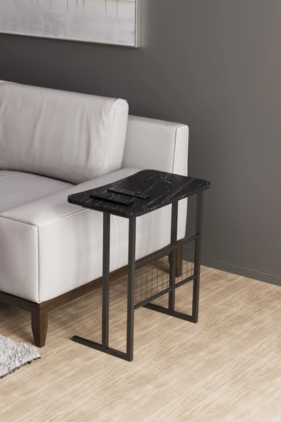 interGO Metal Ayaklı Laptop Sehpası Koltuk Sehpası Kahvaltı Masası Çalışma Sehpası - Siyah Mermer Desenli - 7
