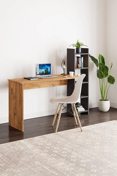 interGO Kitaplıklı Fonksiyonel Çalışma Masası - Atlantik Çam - Antrasit Gri