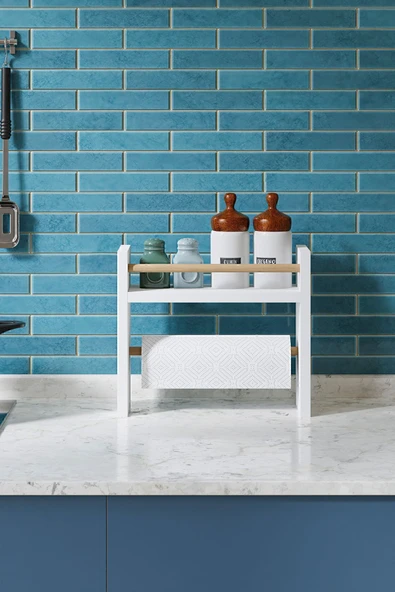 interGO Rulo Havlu Takılabilir Baharatlık Standı Tezgah Üstü Düzenleyici Ahşap Raf - Beyaz - 2