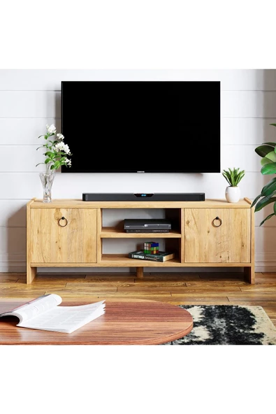 interGO Tv Sehpası Kapaklı Raflı Tv Ünitesi Televizyon Sehpası - Atlantik Çam - Resim 2