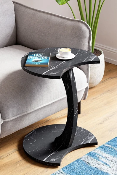 interGO Jet Tekerlekli C Sehpa Koltuk Sehpası Yan Sehpa Zigon Sehpa Servis Sehpası - Siyah Mermer Desen ürün görseli