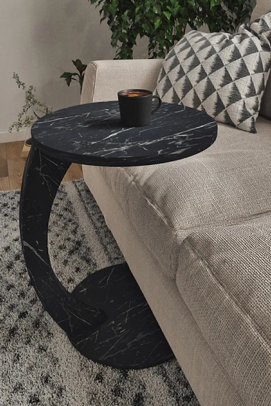 interGO Tekerlekli C Sehpa Koltuk Sehpası Yan Sehpa Zigon Sehpa Servis Sehpası - Siyah Mermer Desen