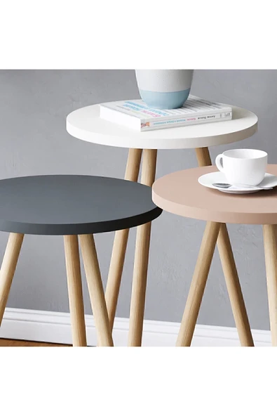 interGO Renkli Üçlü Zigon Sehpa Ahşap Ayaklı Yuvarlak Pastel Tasarım Gri Beyaz Cappuccino - 2