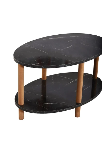 interGO Oval Ahşap Ayaklı Iki Katlı Gazetelikli - Siyah Mermer Desenli Orta Sehpa - Resim 4