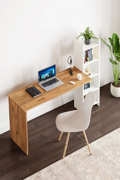 interGO Kitaplıklı Fonksiyonel Çalışma Masası - Atlantik Çam - Beyaz - 2