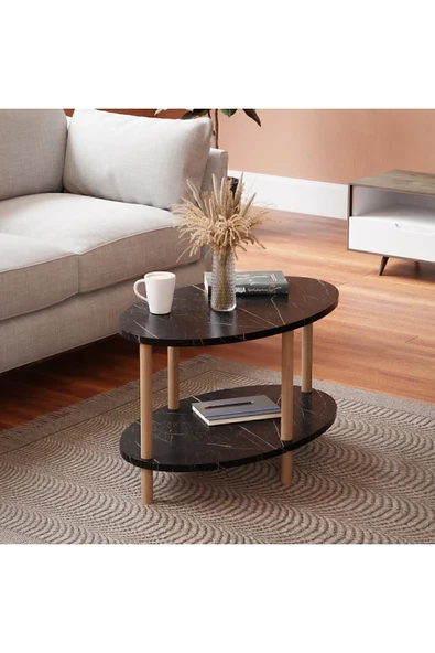 interGO Oval Ahşap Ayaklı Iki Katlı Gazetelikli - Siyah Mermer Desenli Orta Sehpa ürün görseli