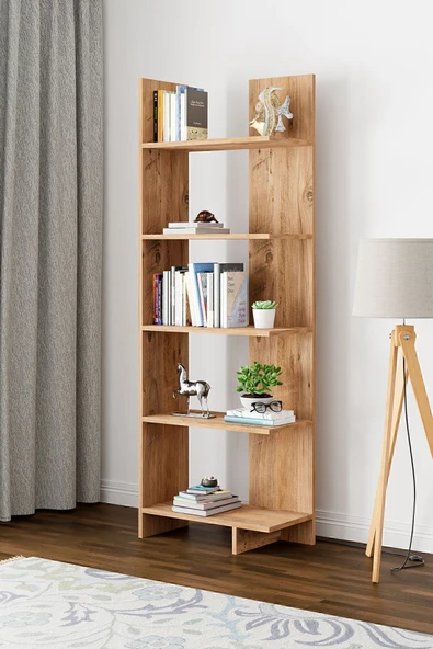 interGO Asimetrik Beş Raflı Kitaplık - Atlantik Çam