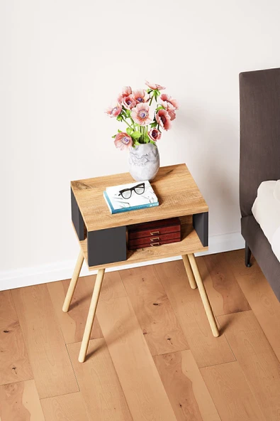 interGO Ahşap Ayaklı Dekoratif Raflı Komodin - Atlantik Çam - Antrasit Gri - 2