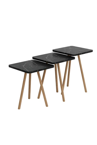 interGO Üçlü Zigon Sehpa Ahşap Ayaklı Kare Tasarım Siyah Mermer Desenli - 3
