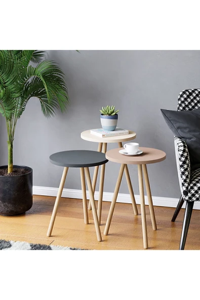 interGO Renkli Üçlü Zigon Sehpa Ahşap Ayaklı Yuvarlak Pastel Tasarım Gri Krem Cappuccino