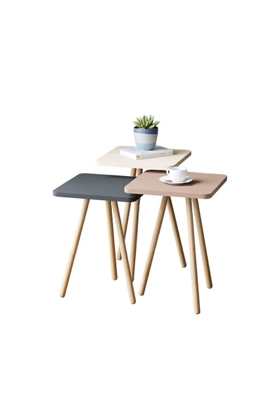 interGO Renkli Üçlü Zigon Sehpa Ahşap Ayaklı Kare Pastel Tasarım Gri Krem Cappuccino - 3