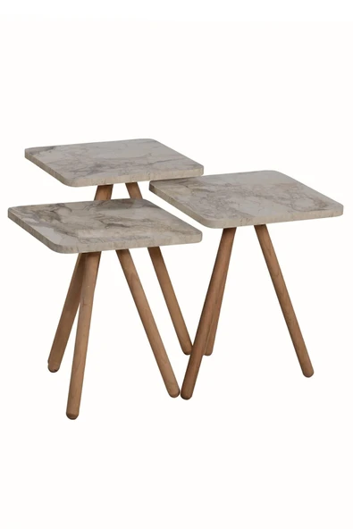 interGO Üçlü Zigon Sehpa Ahşap Ayaklı Kare Tasarım Krem Mermer Desenli - Resim 2