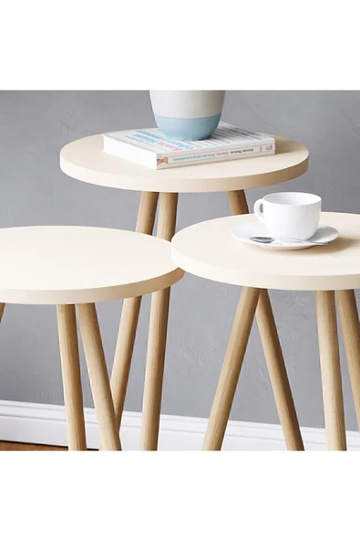 interGO Renkli Üçlü Zigon Sehpa Ahşap Ayaklı Yuvarlak Pastel Tasarım Krem - 2